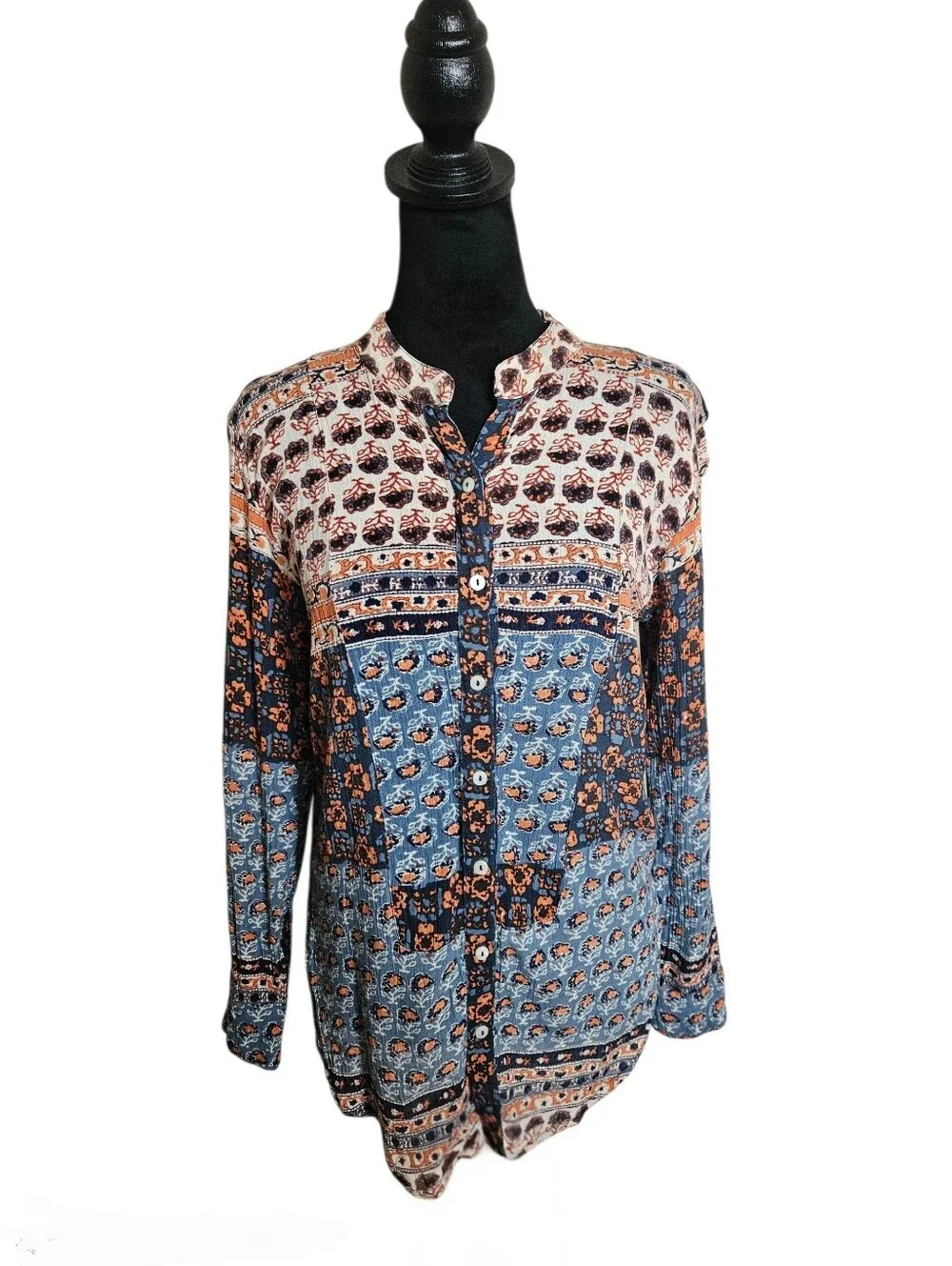 Free People Caravan Patchwork Bohemian Florql Rayon Button-down Blouse Size XS